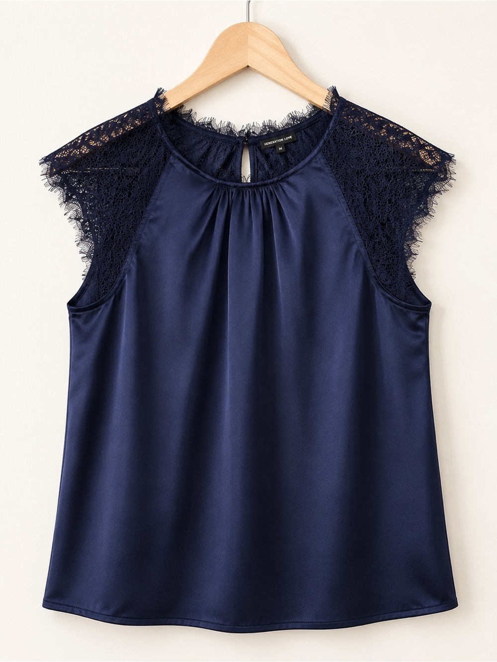 Generation Love Navy Blue Silk Lace Sleeveless Blouse Satin Eyelash Lace Luxury